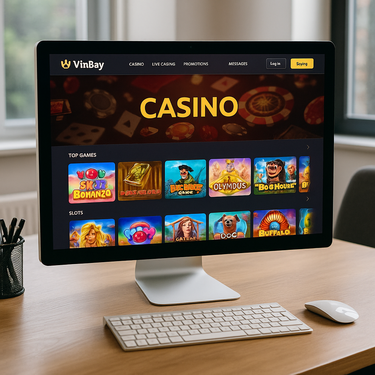 WinBay Casino - Desktop Platform Design - Dark Theme with Blue and Gold Accents
